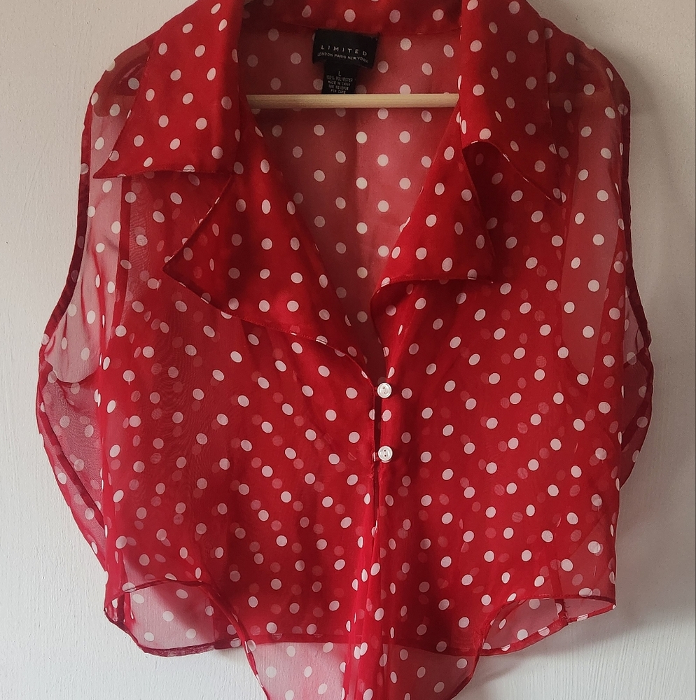Red Chiffon Sleeveless Blouse with White Polka Dots - Size Med. Tie in the Front - Picture 9 of 13